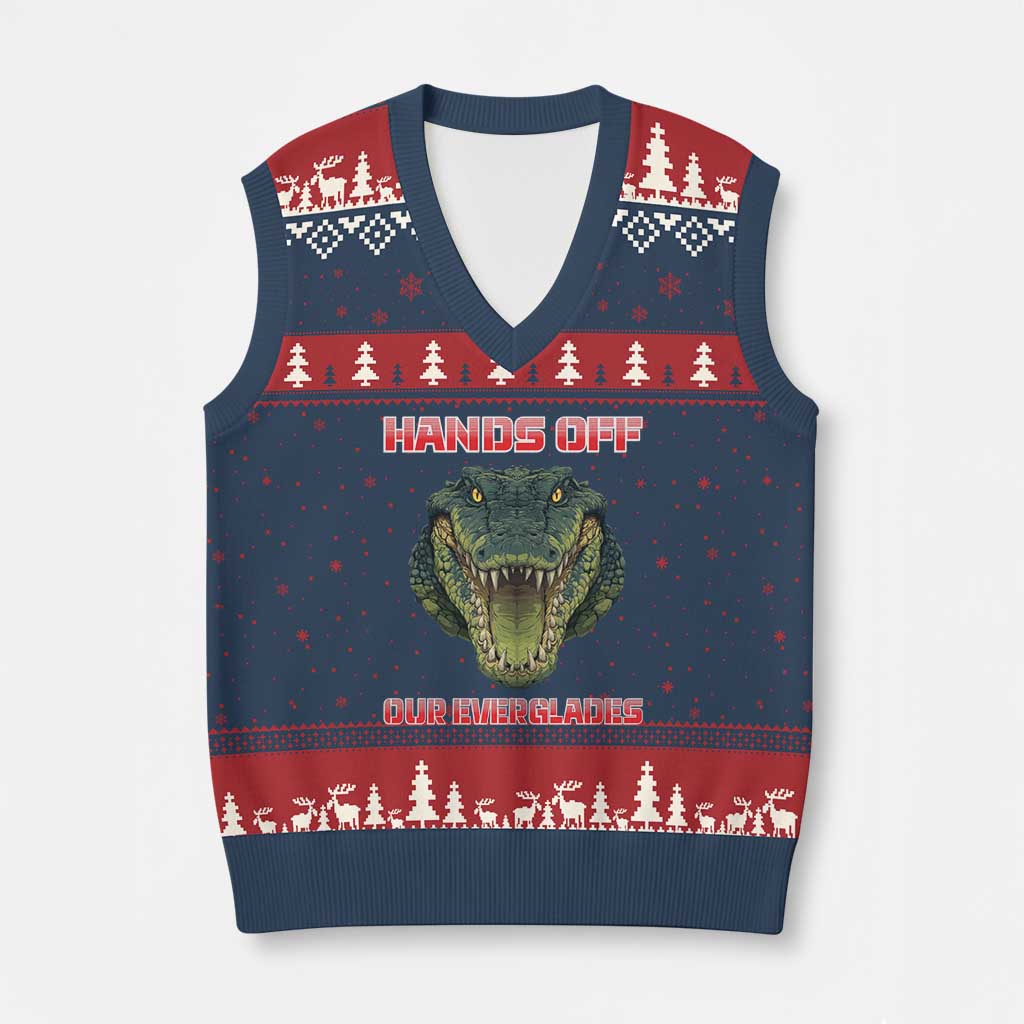 Hands Off Our Everglades V-Neck Knit Sweater Vest Fierce Alligator Protest - Wonder Print Shop