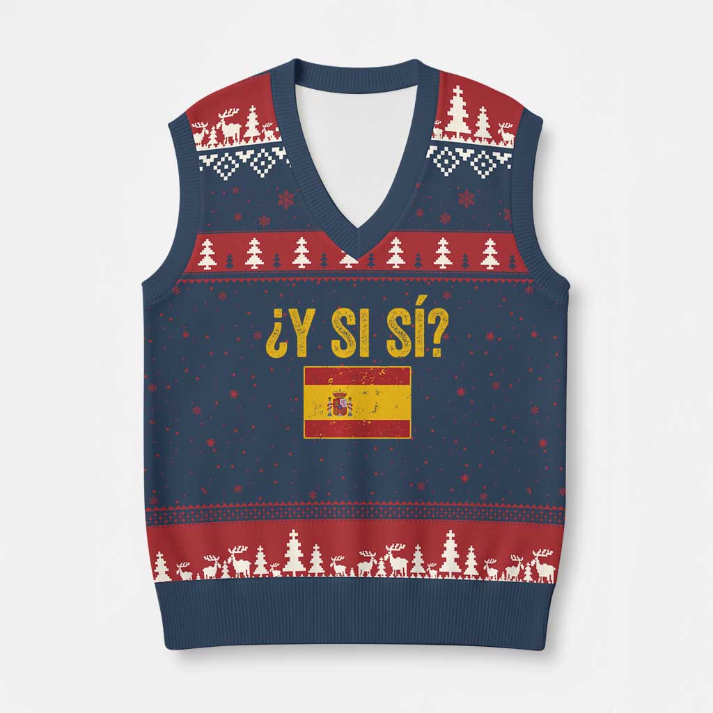 Funny Y Si Si Spain Flag Distressed Retro Graphic V-Neck Knit Sweater Vest What If Espanol Patriotic Spanish Espana Pride