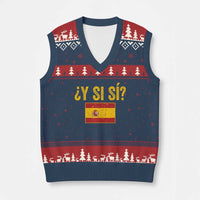 Funny Y Si Si Spain Flag Distressed Retro Graphic V-Neck Knit Sweater Vest What If Espanol Patriotic Spanish Espana Pride