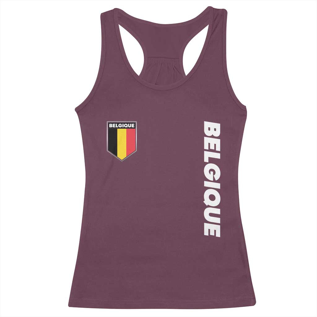 Minimalist Belgique Belgium Flag Shield Graphic Racerback Tank Top French Belgian Pride and European Heritage Souvenir