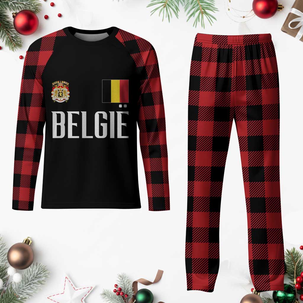 Royal Coat of Arms Belgie Crest Graphic Plaid Pajama Set Traditional Belgium Belgian Flag and Lion Heritage Pride Gift