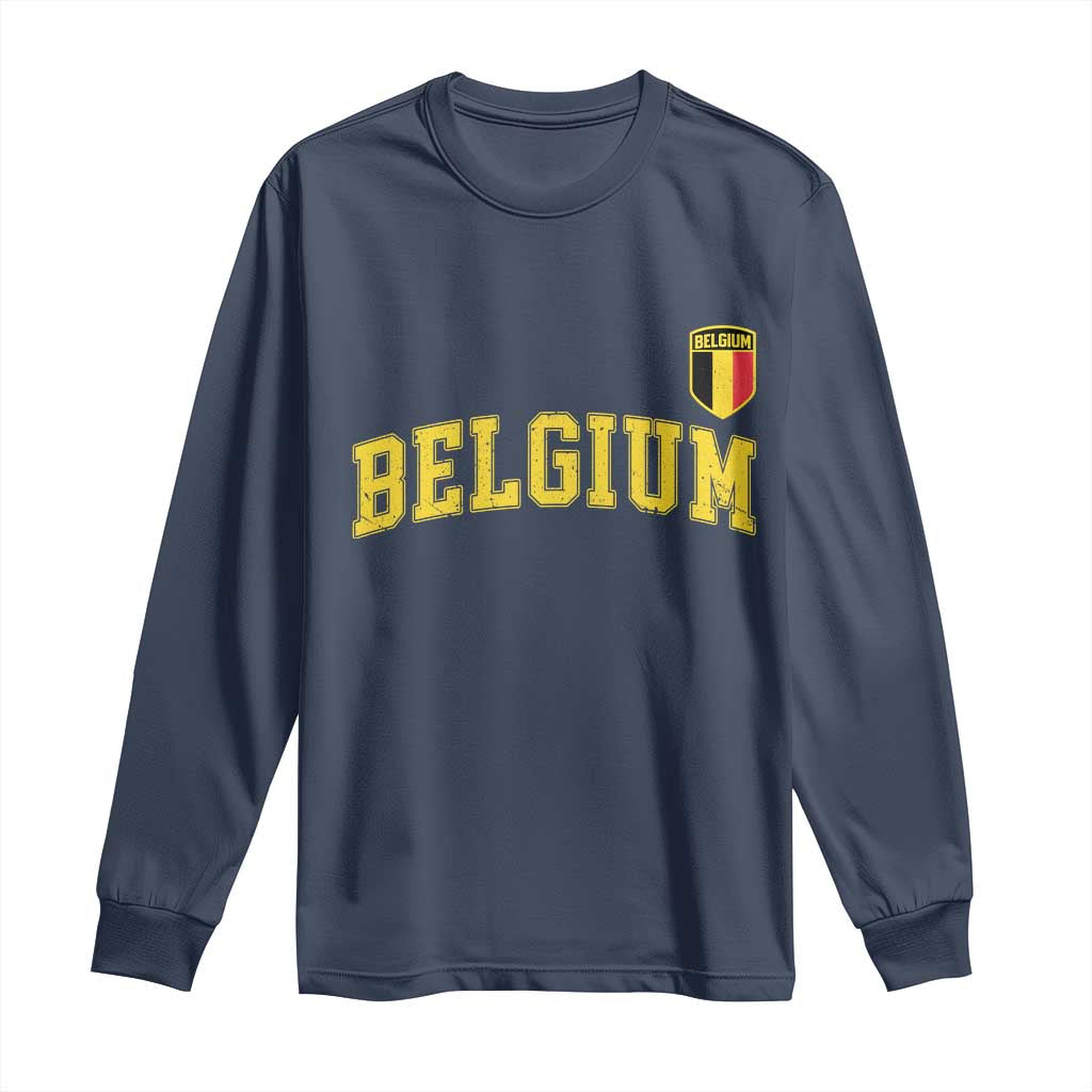 BelgiumVintage Belgium Varsity Style Distressed Graphic Long Sleeve Shirt Classic Collegiate Belgian Pride