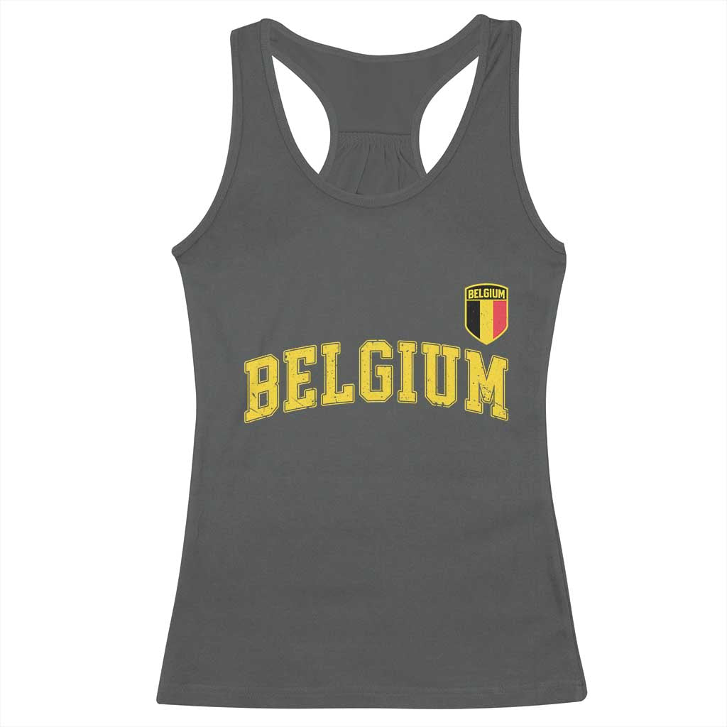BelgiumVintage Belgium Varsity Style Distressed Graphic Racerback Tank Top Classic Collegiate Belgian Pride
