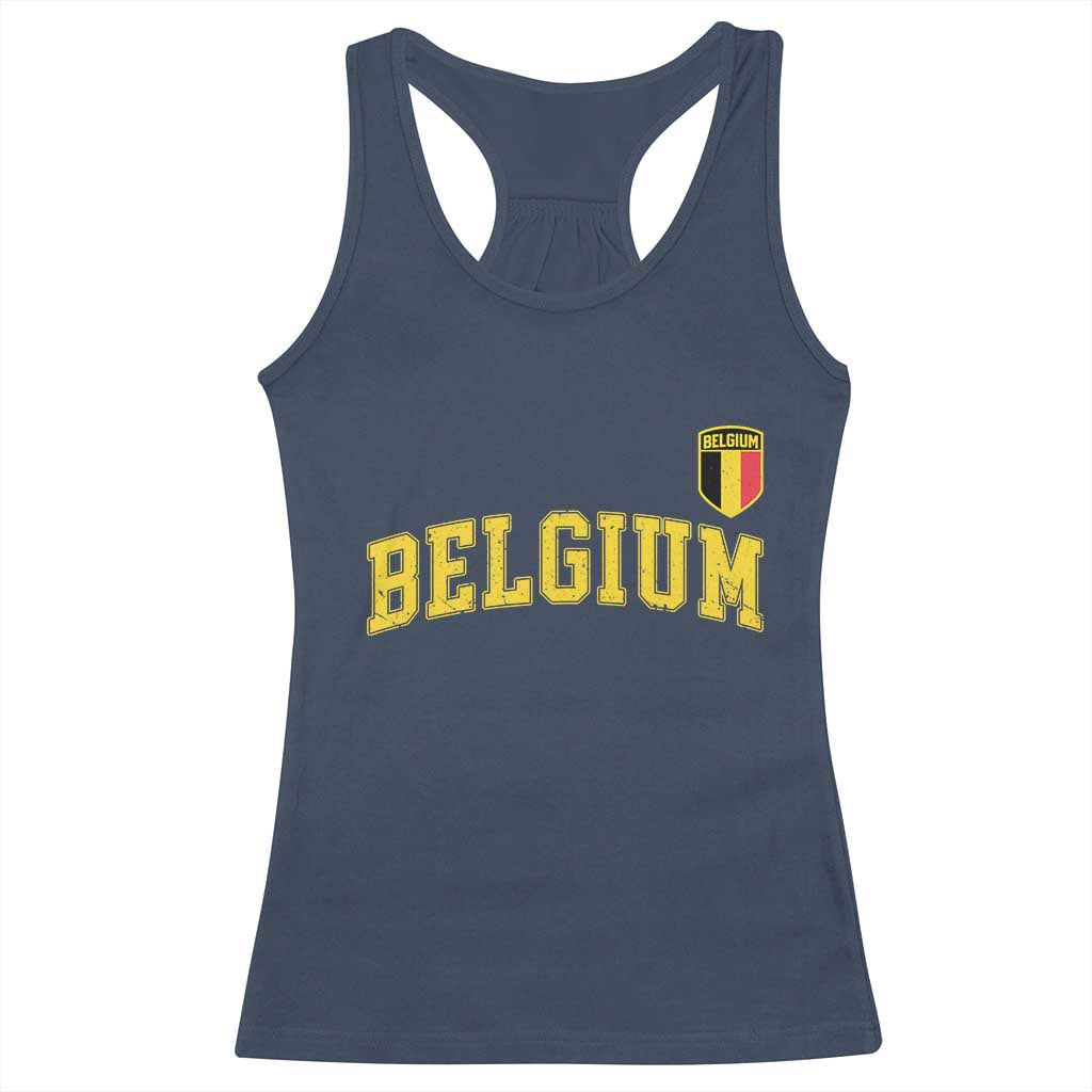 BelgiumVintage Belgium Varsity Style Distressed Graphic Racerback Tank Top Classic Collegiate Belgian Pride