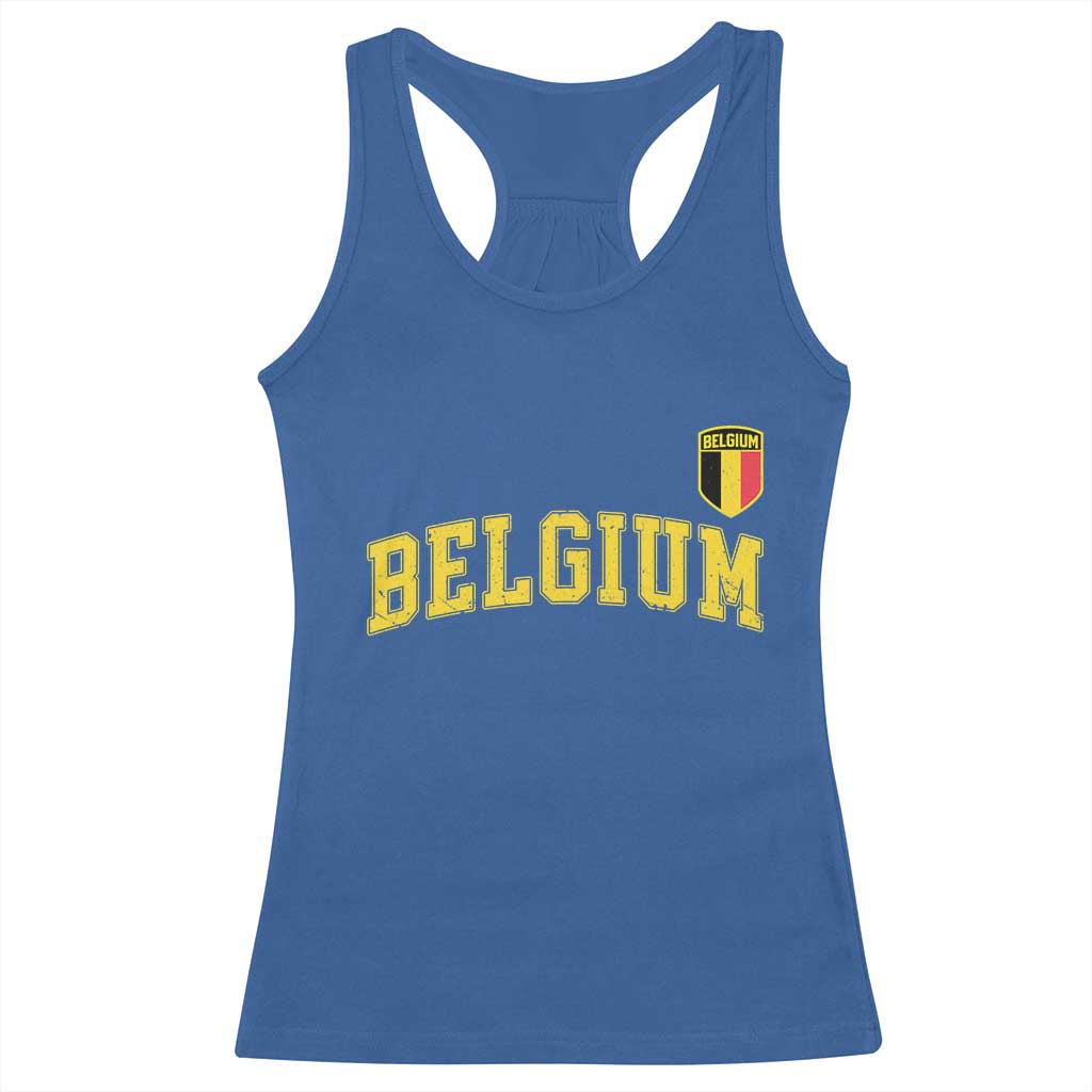 BelgiumVintage Belgium Varsity Style Distressed Graphic Racerback Tank Top Classic Collegiate Belgian Pride
