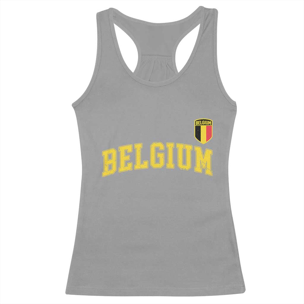 BelgiumVintage Belgium Varsity Style Distressed Graphic Racerback Tank Top Classic Collegiate Belgian Pride