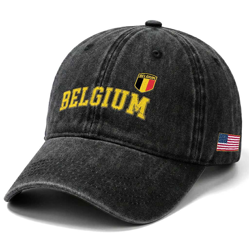 Vintage Belgium Varsity Style Distressed Graphic Washed Cotton Baseball Cap Classic Collegiate Belgian Pride
