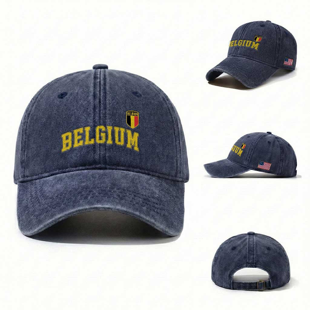 Vintage Belgium Varsity Style Distressed Graphic Washed Cotton Baseball Cap Classic Collegiate Belgian Pride