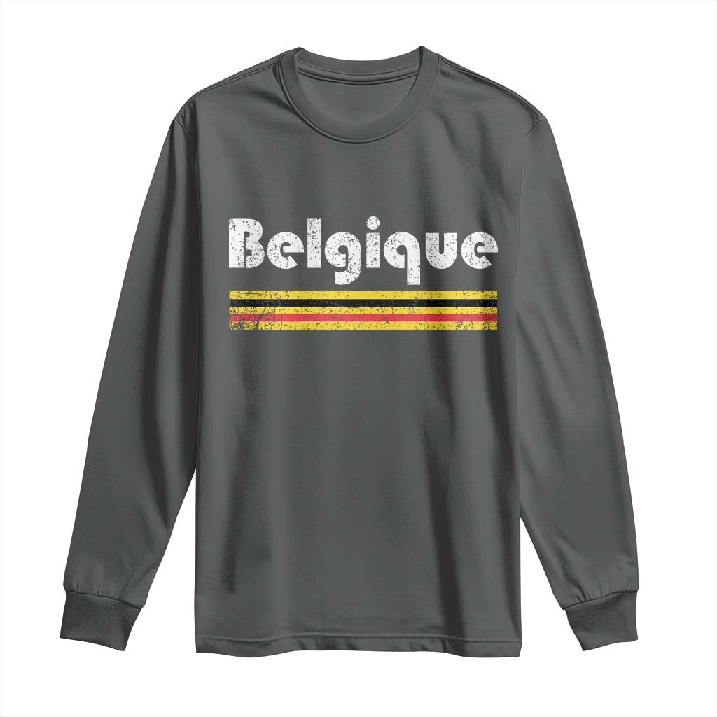 Retro Belgique Belgium Flag Distressed Graphic in French Long Sleeve Shirt Proud Belgian Heritage and Country Roots Pride Gift