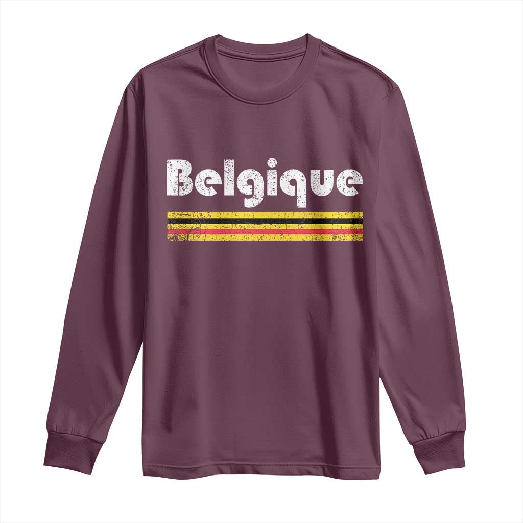 Retro Belgique Belgium Flag Distressed Graphic in French Long Sleeve Shirt Proud Belgian Heritage and Country Roots Pride Gift
