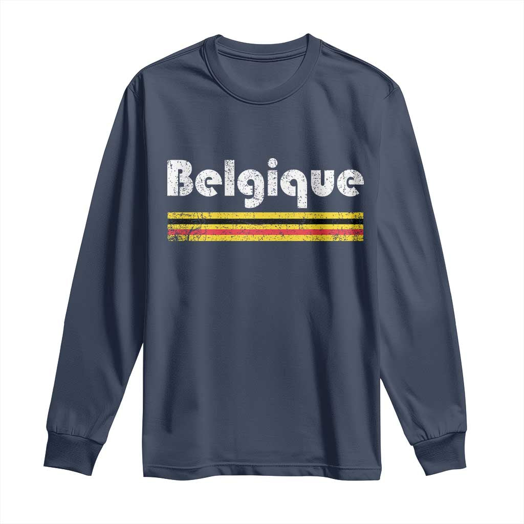 Retro Belgique Belgium Flag Distressed Graphic in French Long Sleeve Shirt Proud Belgian Heritage and Country Roots Pride Gift