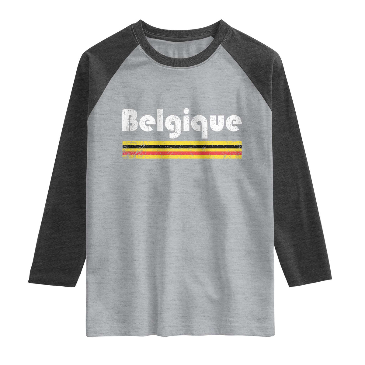 Retro Belgique Belgium Flag Distressed Graphic in French Raglan Shirt Proud Belgian Heritage and Country Roots Pride Gift