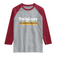 Retro Belgique Belgium Flag Distressed Graphic in French Raglan Shirt Proud Belgian Heritage and Country Roots Pride Gift