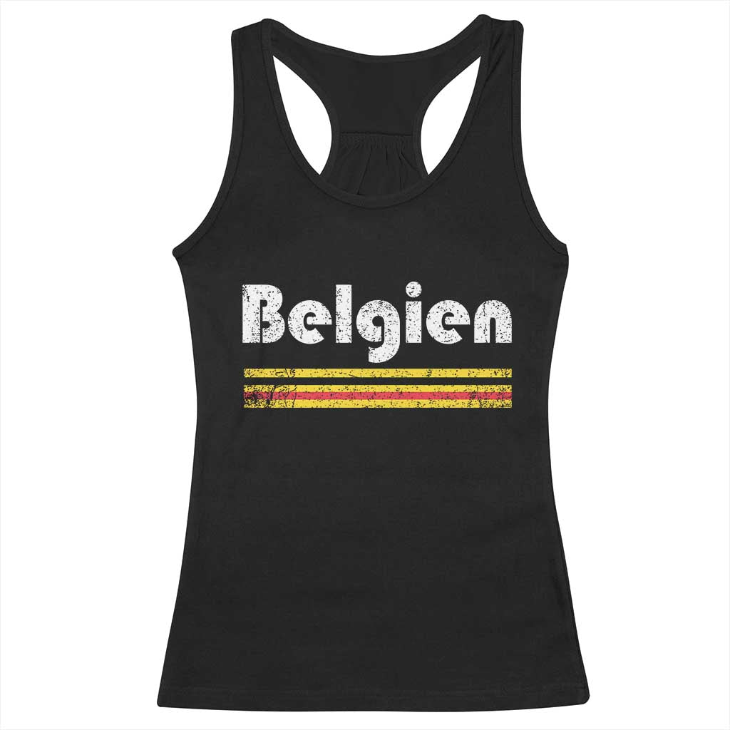 Retro Belgien Belgium Flag Distressed Graphic in German Racerback Tank Top Proud Belgian Heritage and Country Roots Pride Gift