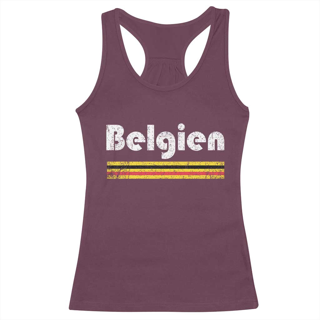 Retro Belgien Belgium Flag Distressed Graphic in German Racerback Tank Top Proud Belgian Heritage and Country Roots Pride Gift