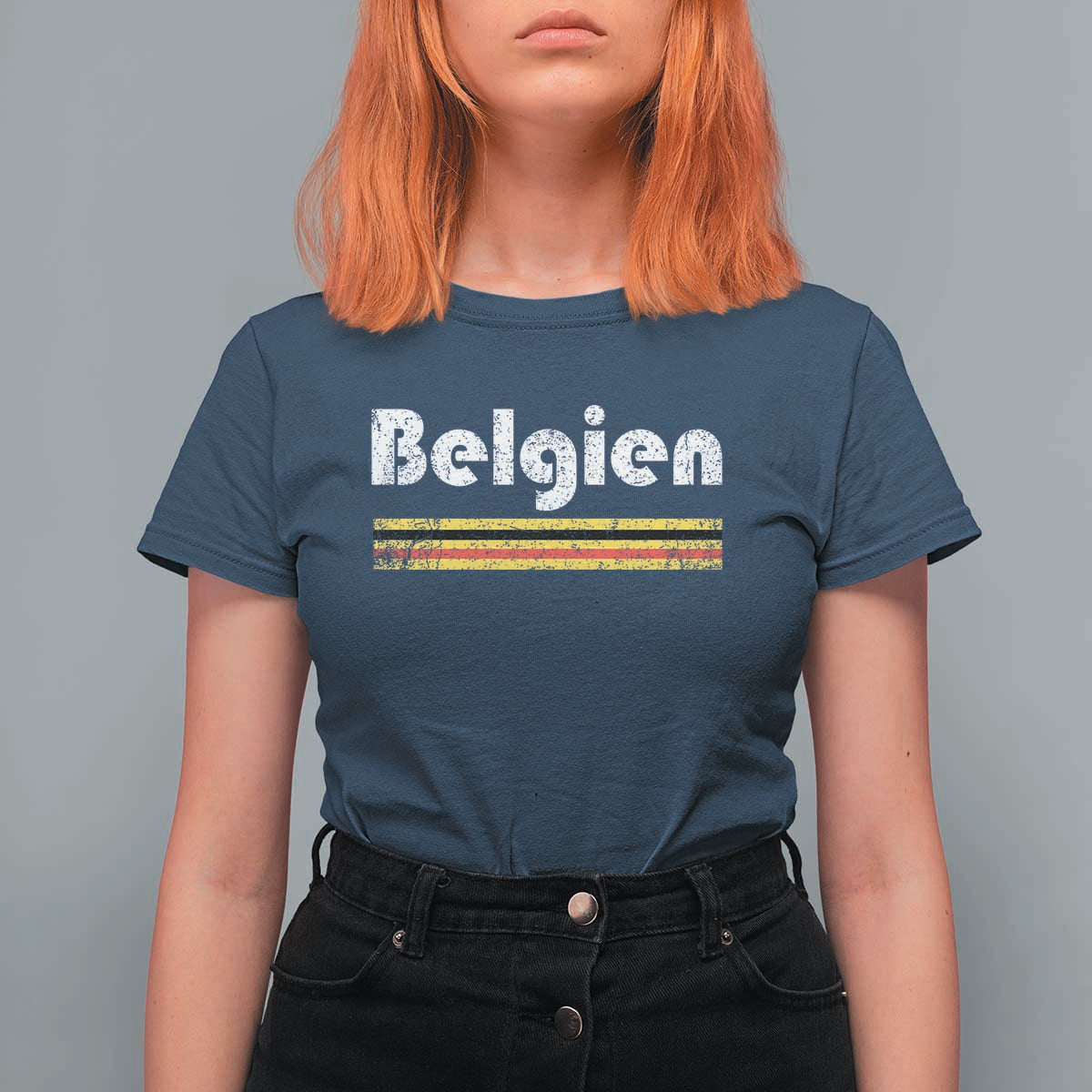 Retro Belgien Belgium Flag Distressed Graphic in German T Shirt For Women Proud Belgian Heritage and Country Roots Pride Gift