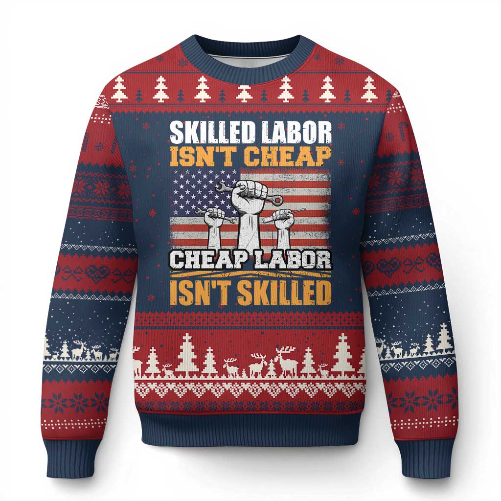 Skilled Labor Patriotic USA Flag Ugly Christmas Sweater Blue Collar Trade Union Hand Tools Pride Graphic