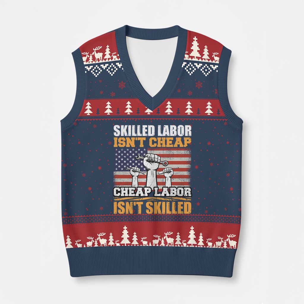 Skilled Labor Patriotic USA Flag V-Neck Knit Sweater Vest Blue Collar Trade Union Hand Tools Pride Graphic