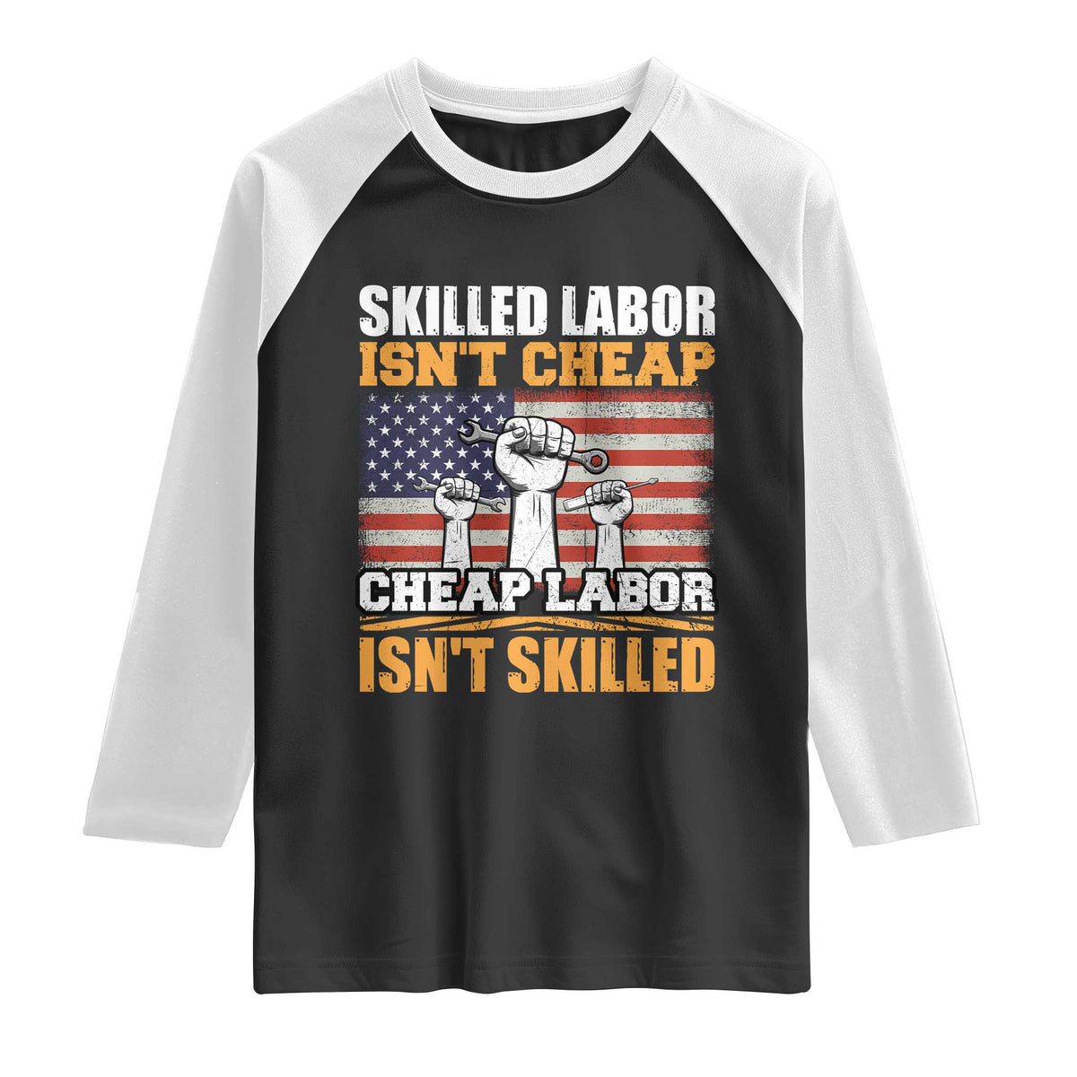 Skilled Labor Patriotic USA Flag Raglan Shirt Blue Collar Trade Union Hand Tools Pride Graphic