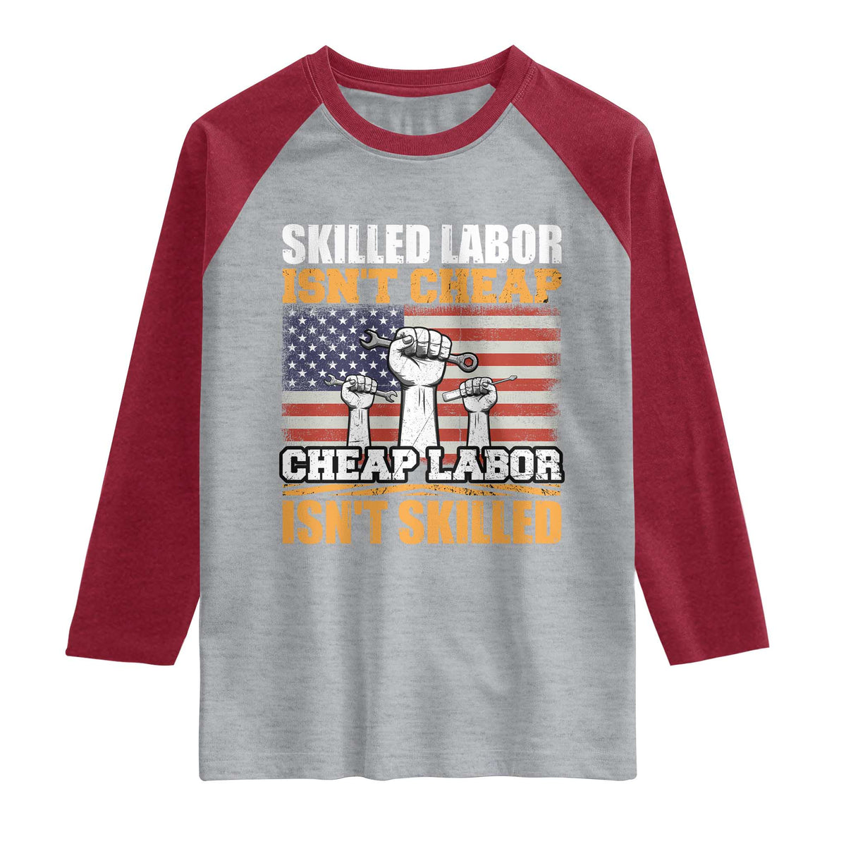 Skilled Labor Patriotic USA Flag Raglan Shirt Blue Collar Trade Union Hand Tools Pride Graphic