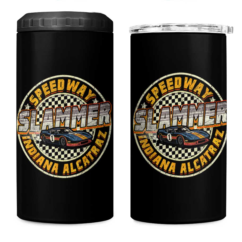 Speedway Slammer 2025 4 in 1 Can Cooler Tumbler Indiana Alcatraz Retro Vintage Racing Graphic - Wonder Print Shop