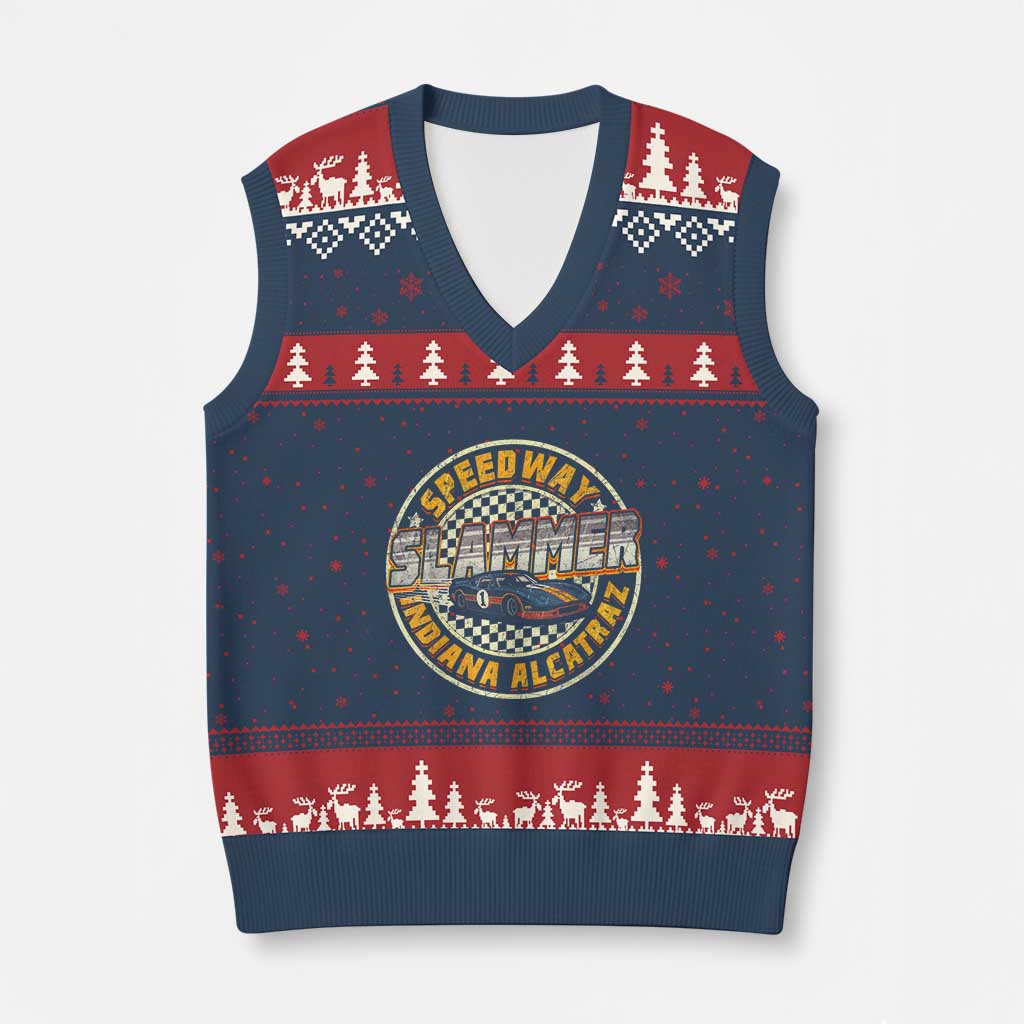 Speedway Slammer 2025 V-Neck Knit Sweater Vest Indiana Alcatraz Retro Vintage Racing Graphic - Wonder Print Shop