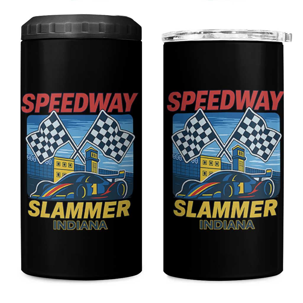 Speedway Slammer 2025 4 in 1 Can Cooler Tumbler Indiana Alcatraz Vintage Racing Graphic - Wonder Print Shop