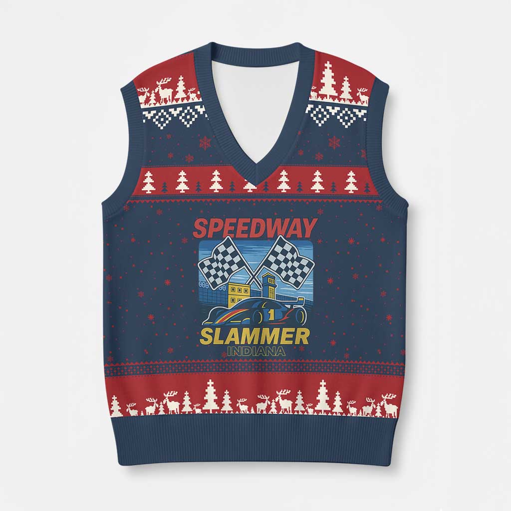 Speedway Slammer 2025 V-Neck Knit Sweater Vest Indiana Alcatraz Vintage Racing Graphic - Wonder Print Shop