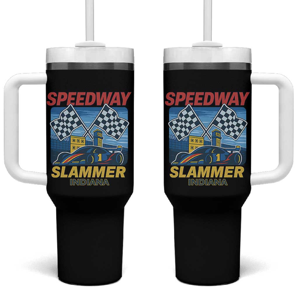 Speedway Slammer 2025 Tumbler With Handle Indiana Alcatraz Vintage Racing Graphic - Wonder Print Shop
