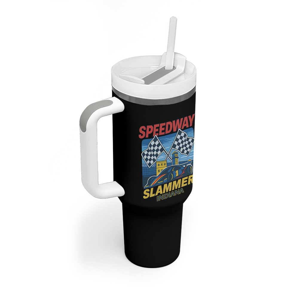 Speedway Slammer 2025 Tumbler With Handle Indiana Alcatraz Vintage Racing Graphic - Wonder Print Shop