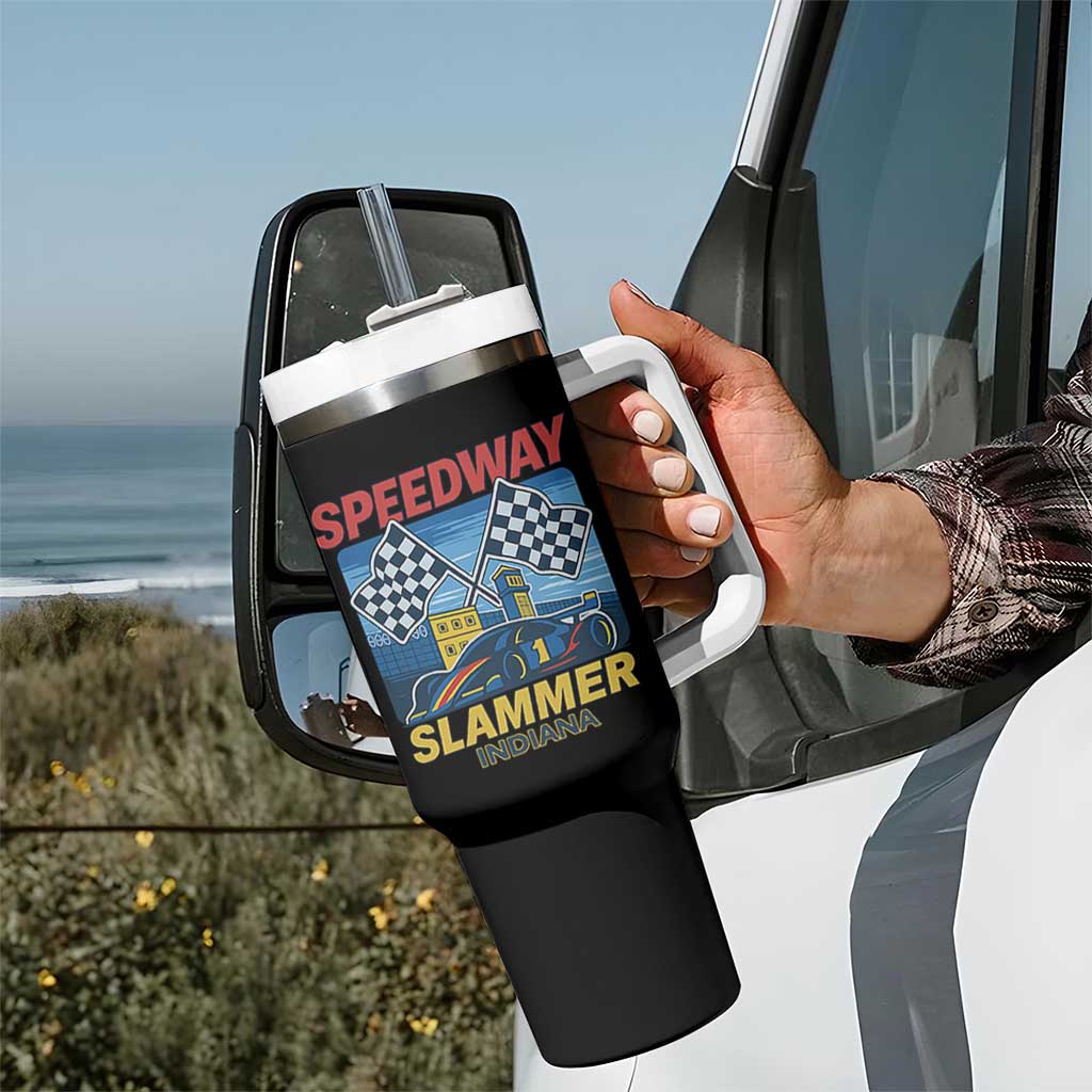 Speedway Slammer 2025 Tumbler With Handle Indiana Alcatraz Vintage Racing Graphic - Wonder Print Shop