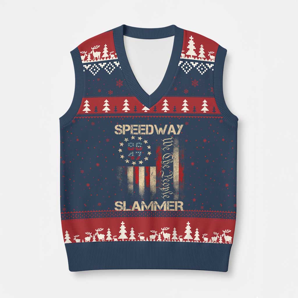 Speedway Slammer 2025 V-Neck Knit Sweater Vest We The People Patriotic Distressed American Flag - Wonder Print Shop