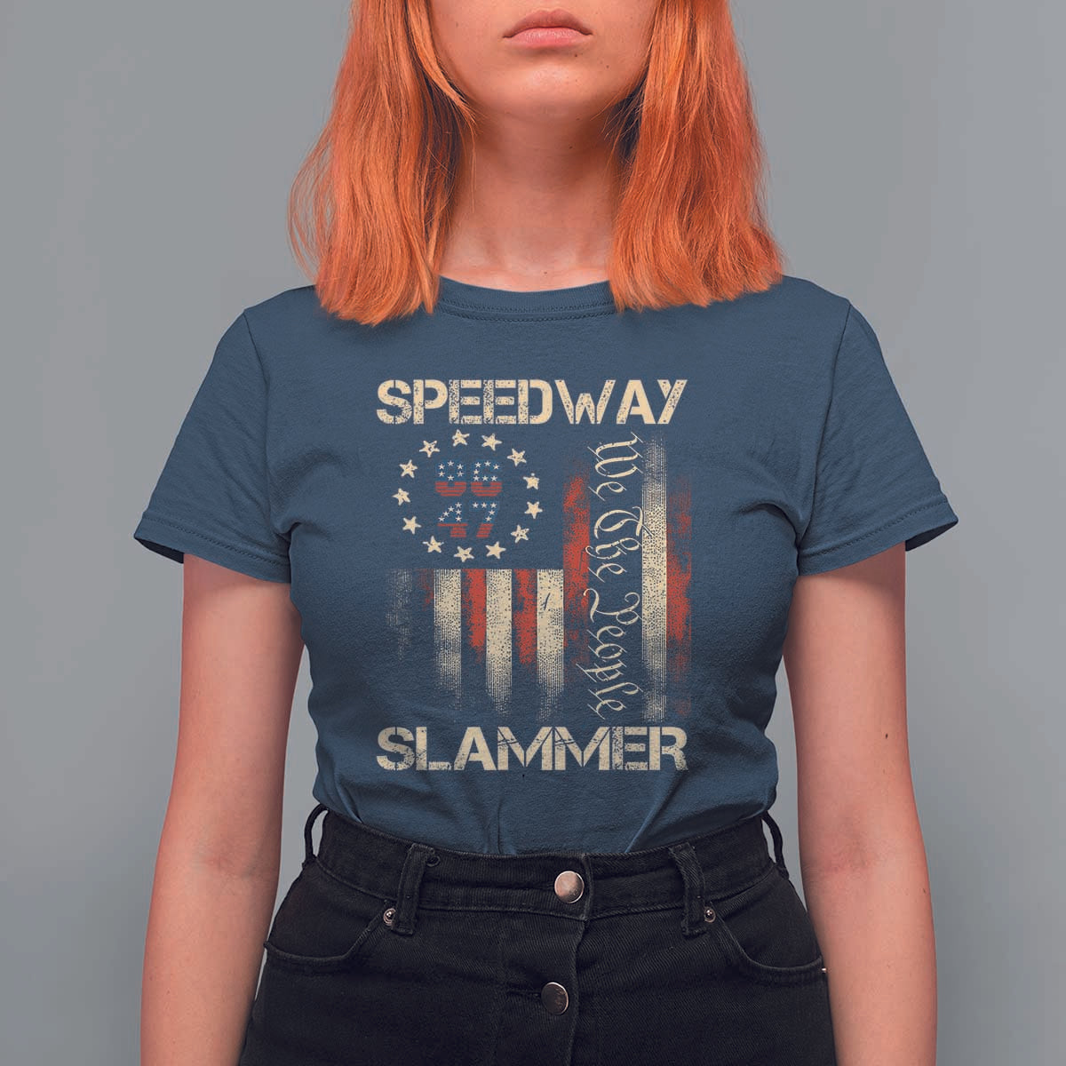 Speedway Slammer 2025 T Shirt For Women We The People Patriotic Distressed American Flag - Wonder Print Shop