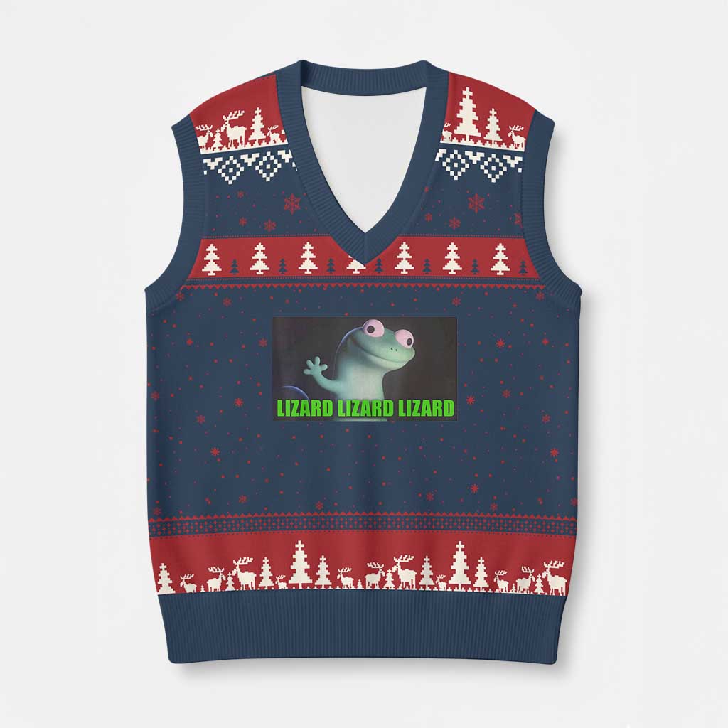 Funny Lizard Lizard Lizard V-Neck Knit Sweater Vest Weirdcore Gecko Meme - Wonder Print Shop