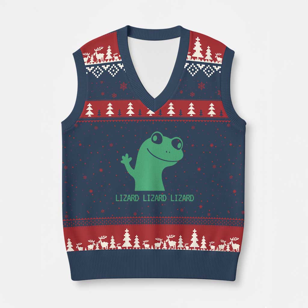 Funny Lizard Lizard Lizard V-Neck Knit Sweater Vest Weirdcore Gecko Reptile Meme - Wonder Print Shop