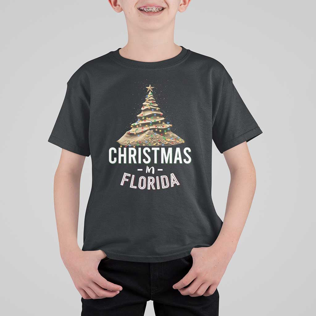 Christmas In Florida T Shirt For Kid Sand Xmas Tree Lights Family Vacation - Wonder Print Shop