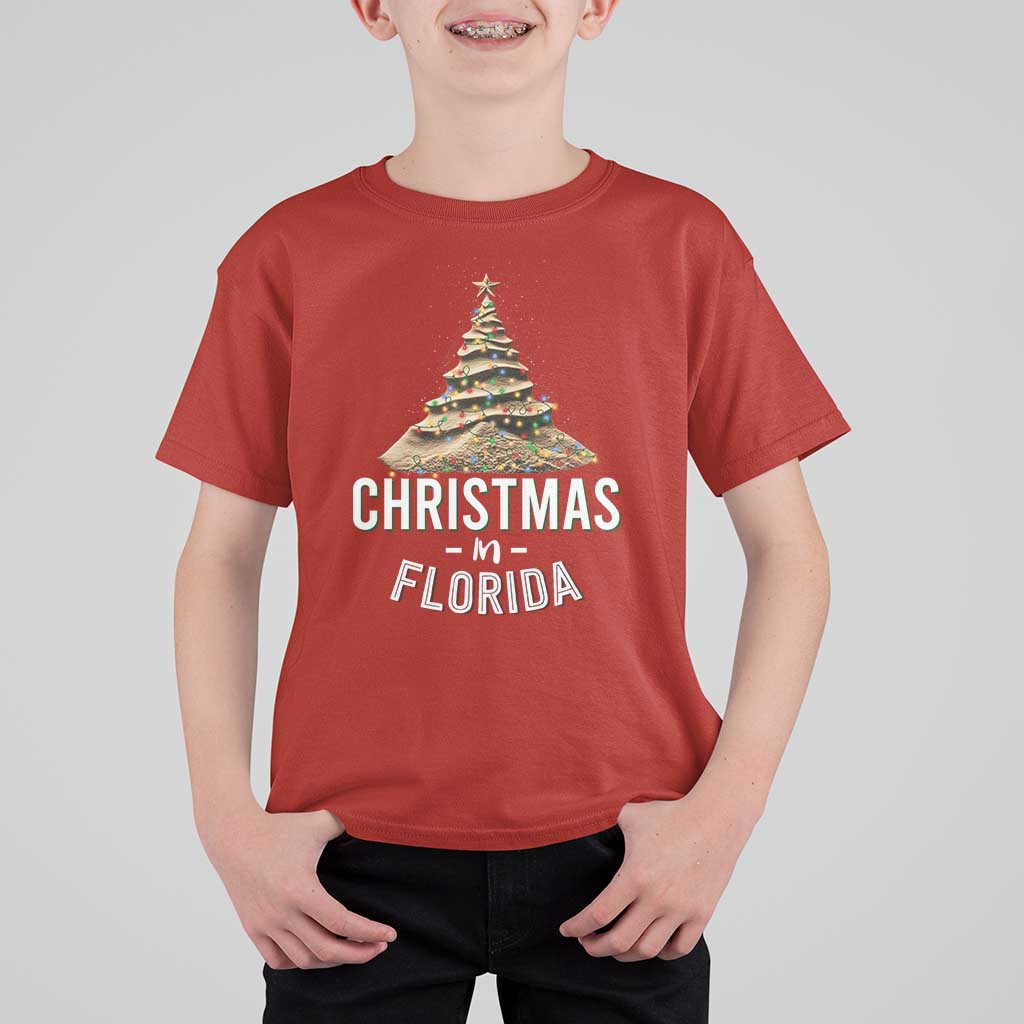 Christmas In Florida T Shirt For Kid Sand Xmas Tree Lights Family Vacation - Wonder Print Shop