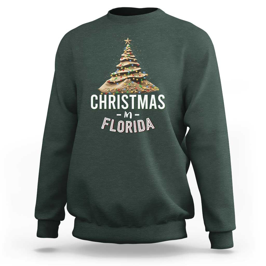 Christmas In Florida Sweatshirt Sand Xmas Tree Lights Family Vacation - Wonder Print Shop