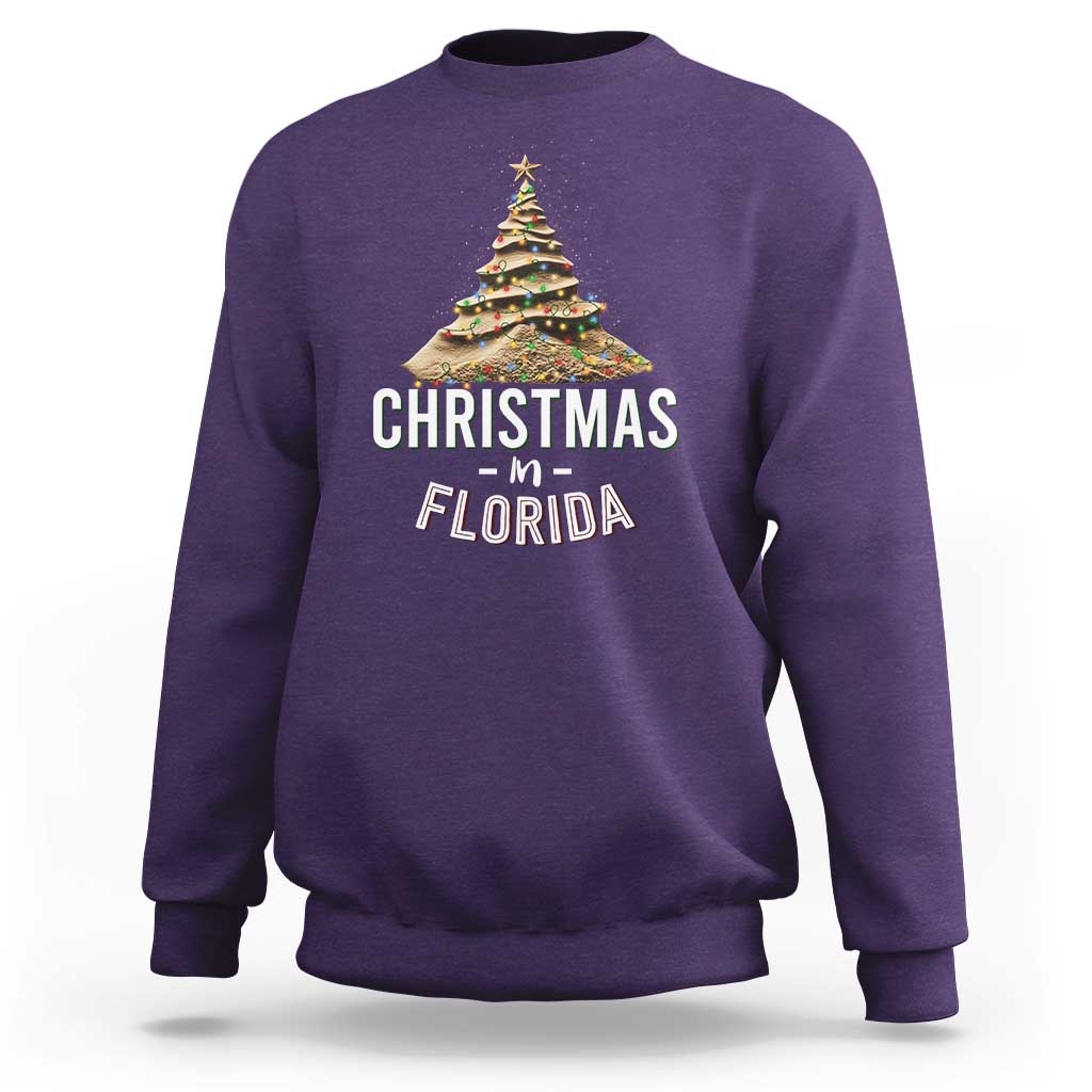 Christmas In Florida Sweatshirt Sand Xmas Tree Lights Family Vacation - Wonder Print Shop