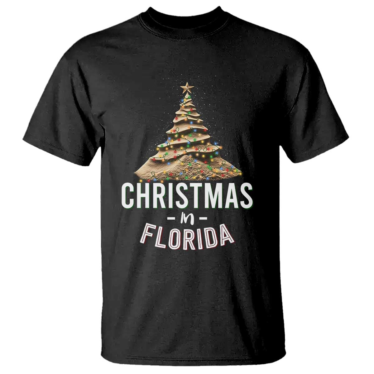 Christmas In Florida T Shirt Sand Xmas Tree Lights Family Vacation - Wonder Print Shop