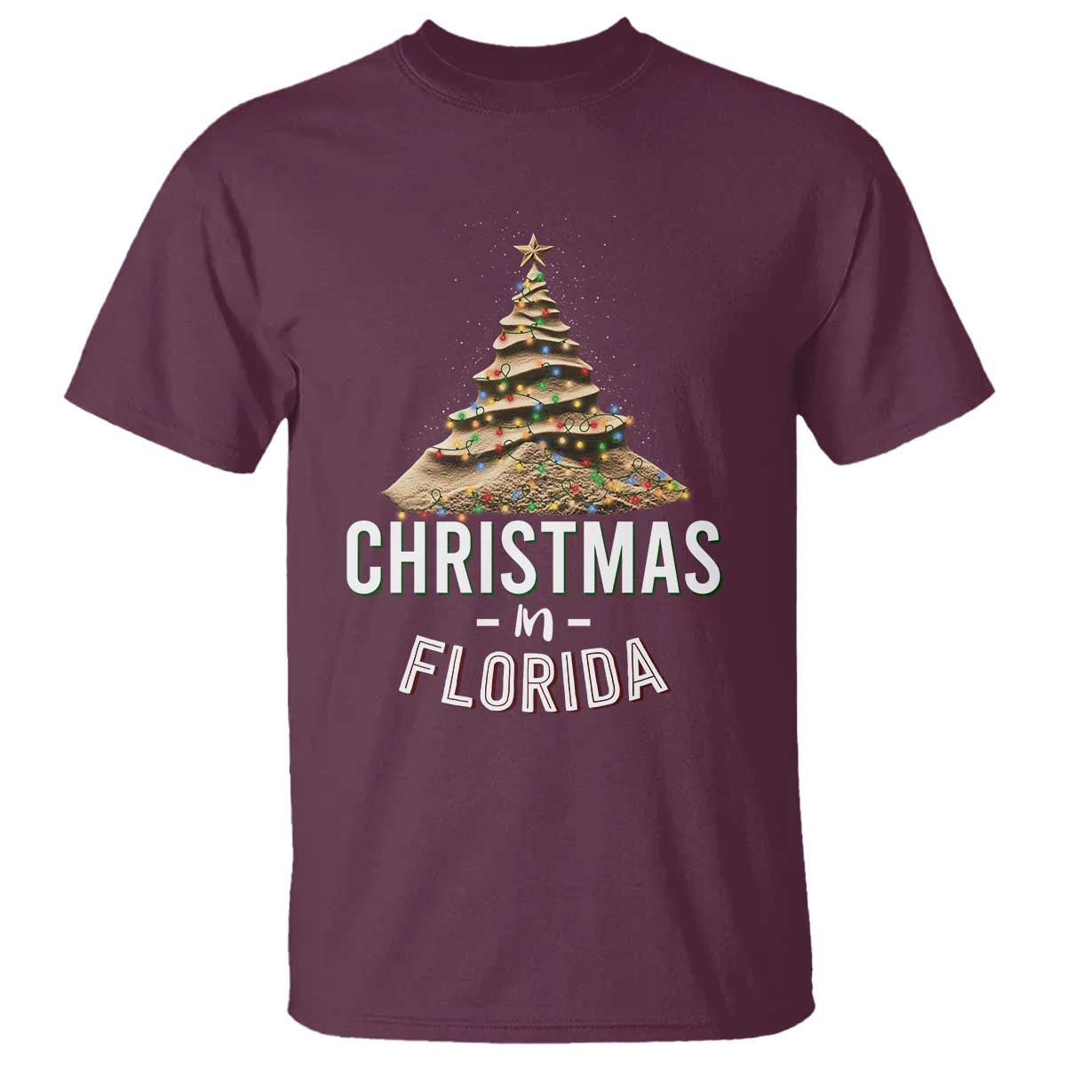 Christmas In Florida T Shirt Sand Xmas Tree Lights Family Vacation - Wonder Print Shop