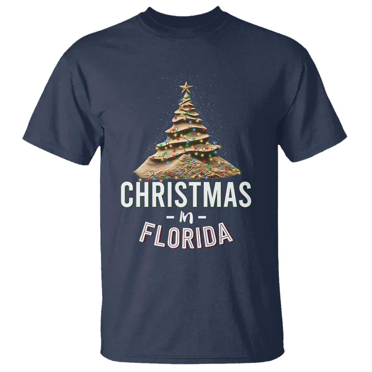 Christmas In Florida T Shirt Sand Xmas Tree Lights Family Vacation - Wonder Print Shop