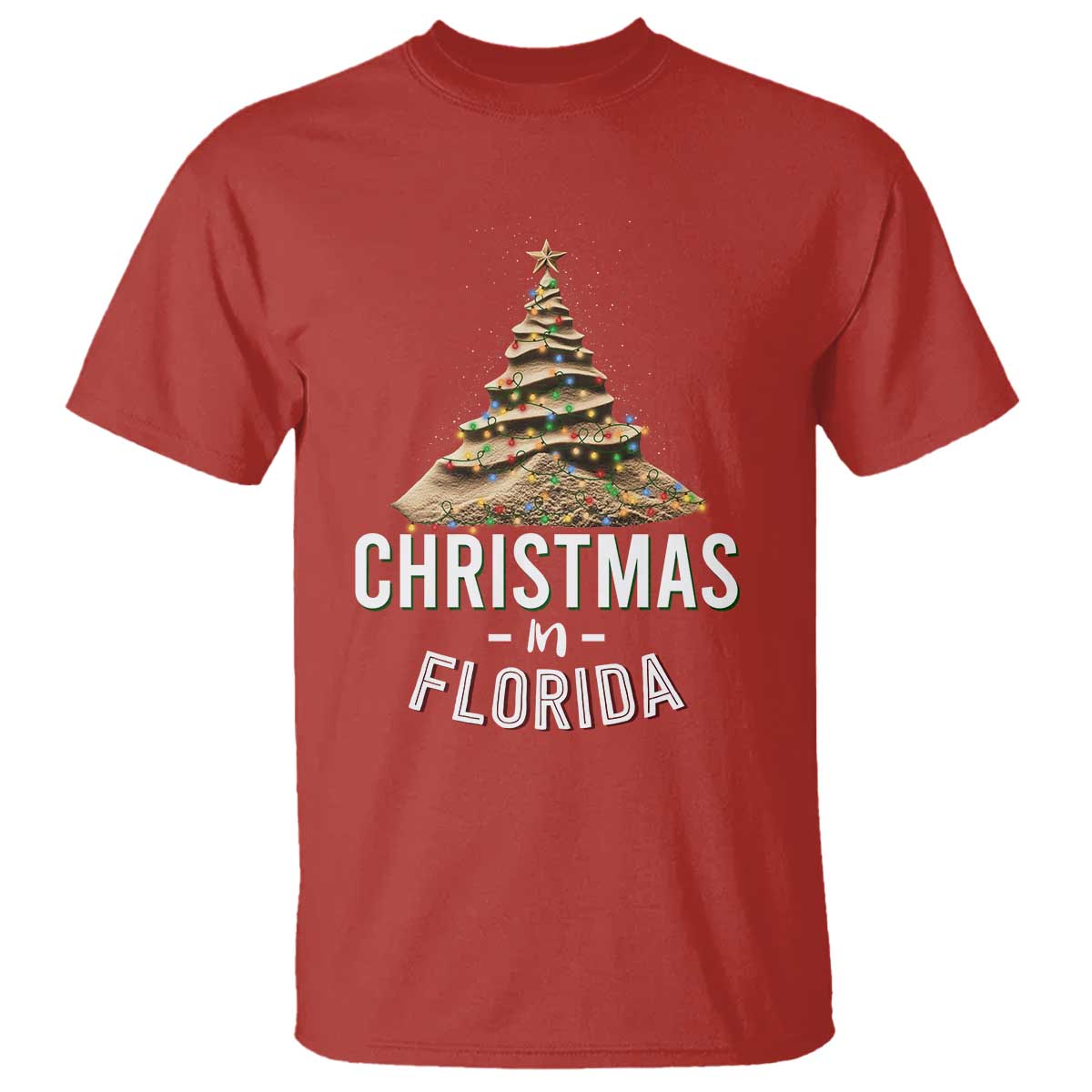 Christmas In Florida T Shirt Sand Xmas Tree Lights Family Vacation - Wonder Print Shop