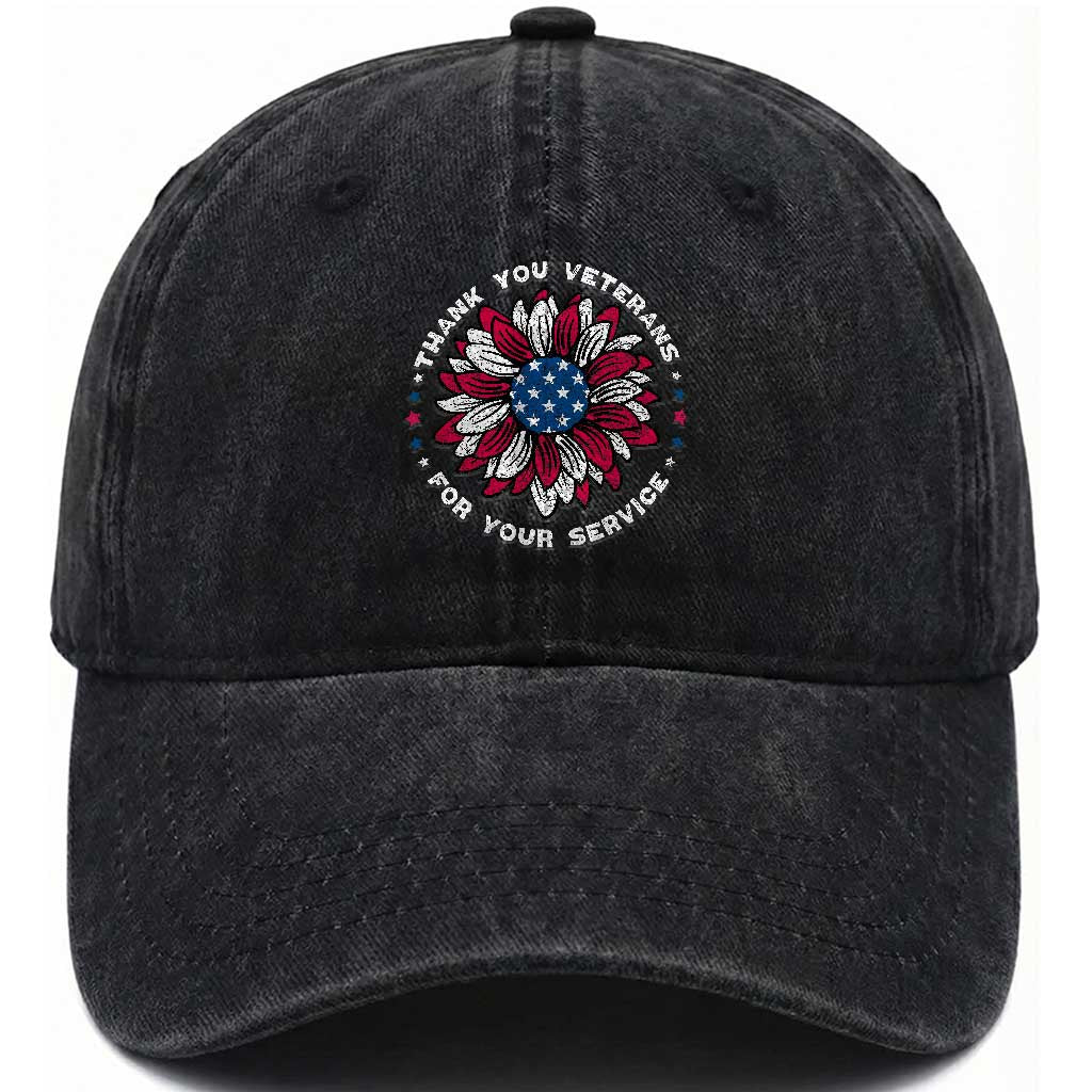 Thank You Veterans Washed Cotton Baseball Cap American Flag Sunflower Military Tribute