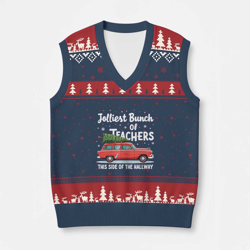 Funny Xmas Teacher V-Neck Knit Sweater Vest Jolliest Bunch Of Teachers This Side Of The Hallway Xmas PJ Gift - Wonder Print Shop