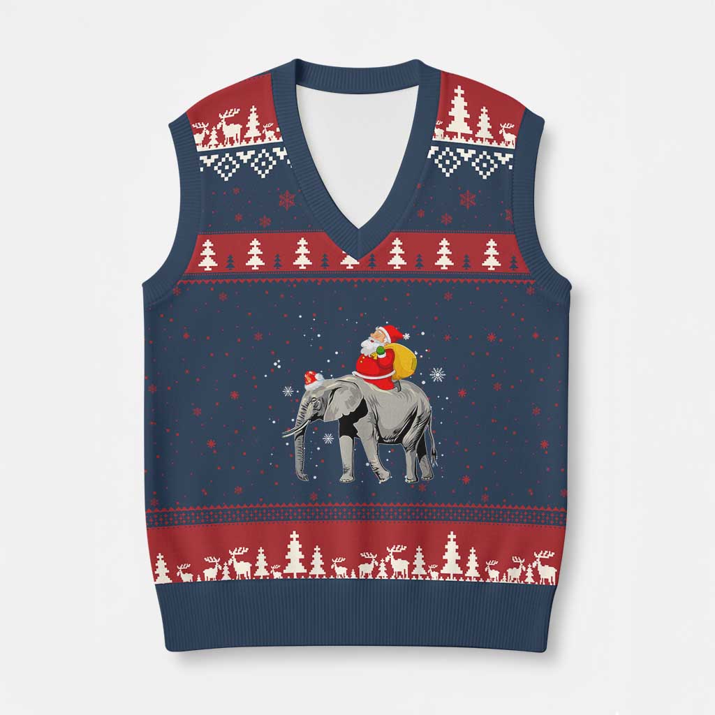 Xmas Santa Riding Elephant V-Neck Knit Sweater Vest Xmas Tree Light Funny Festive - Wonder Print Shop