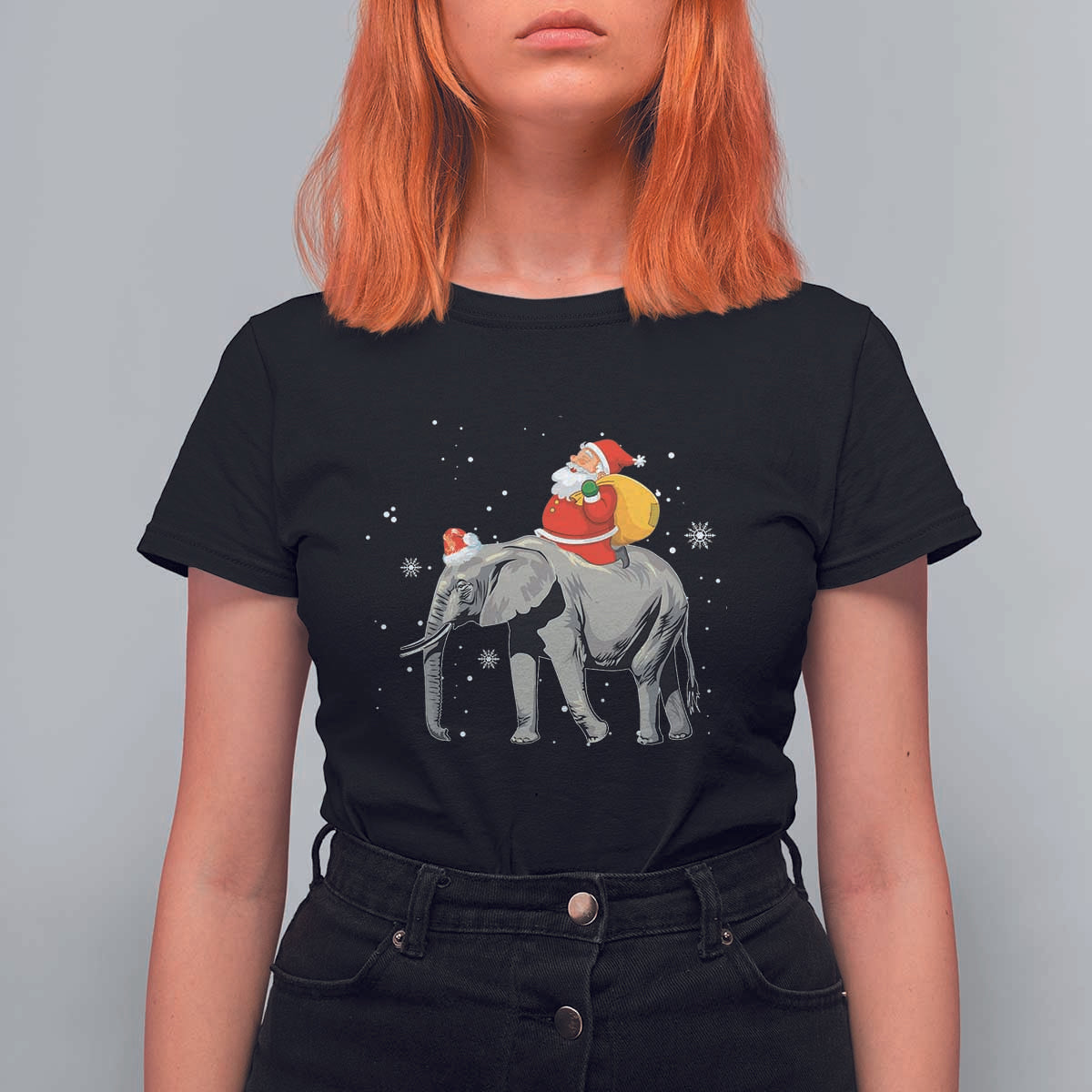 Christmas Santa Riding Elephant T Shirt For Women Xmas Tree Light Funny Festive - Wonder Print Shop