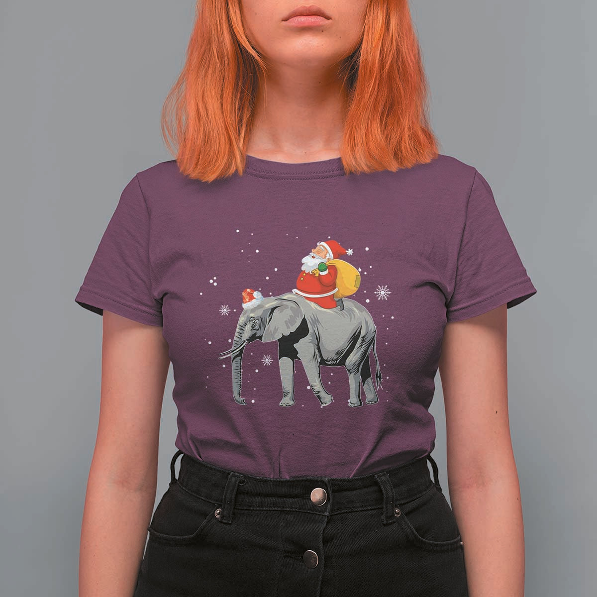 Christmas Santa Riding Elephant T Shirt For Women Xmas Tree Light Funny Festive - Wonder Print Shop