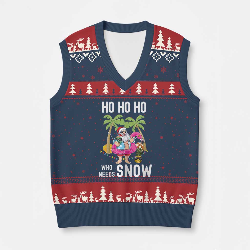 Tropical Beachy Xmas V-Neck Knit Sweater Vest Ho Ho Ho Who Needs Snow Santa Xmas In Hawaii Palm Tree - Wonder Print Shop