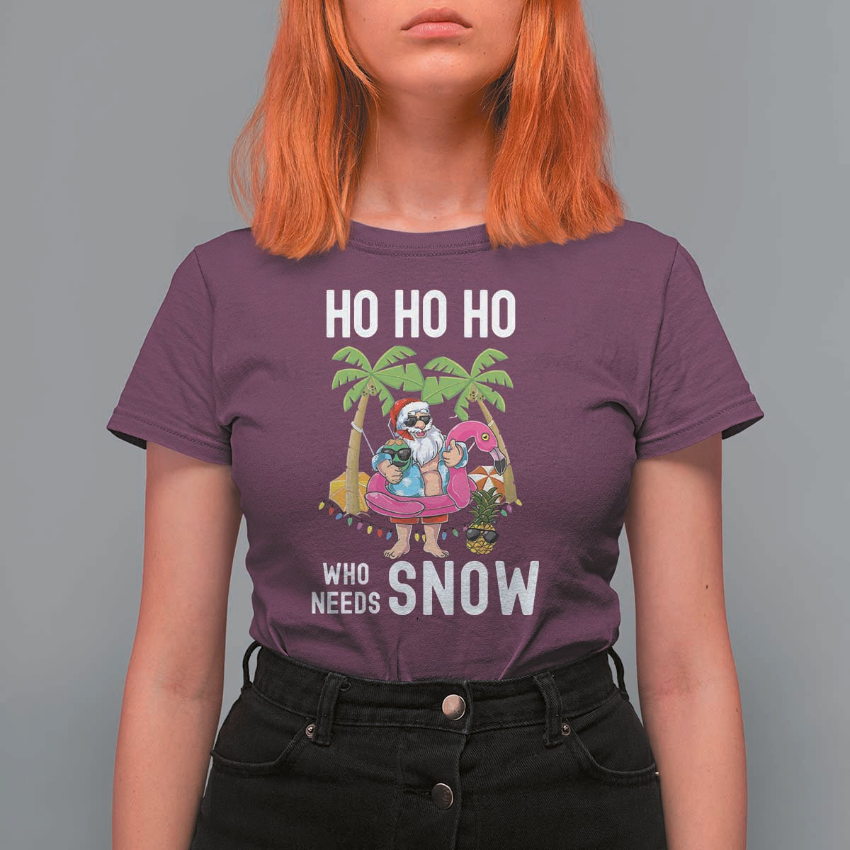 Tropical Beachy Christmas T Shirt For Women Ho Ho Ho Who Needs Snow Santa Xmas In Hawaii Palm Tree - Wonder Print Shop